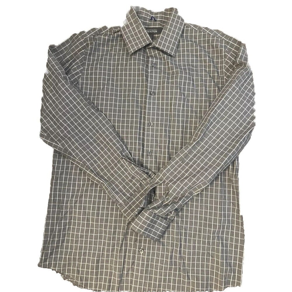 Kenneth Cole Reaction Shirt Large 16   34-35 Slim Fit Gray Black Check Men